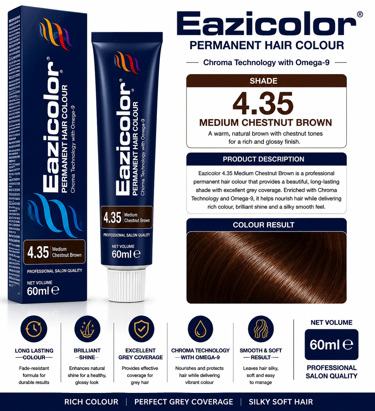 Eazicolor 4.35 Medium Chestnut Brown Permanent Hair Colour 60ml