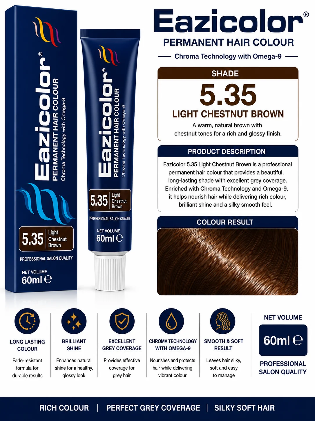 Eazicolor 5.35 Light Chestnut Brown Permanent Hair Colour 60ml