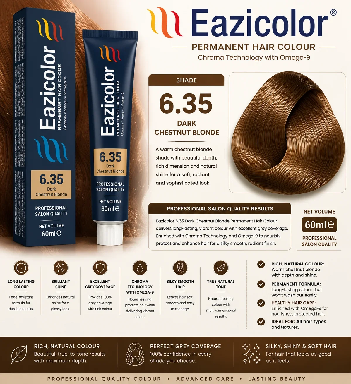 Eazicolor 6.35 Dark Chestnut Blonde Permanent Hair Colour – 60ml