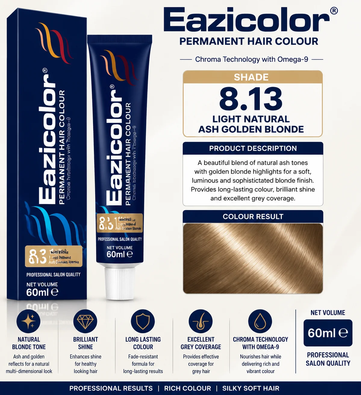 Eazicolor 8.13 Light Natural Ash Golden Blonde Permanent Hair Colour – 60ml