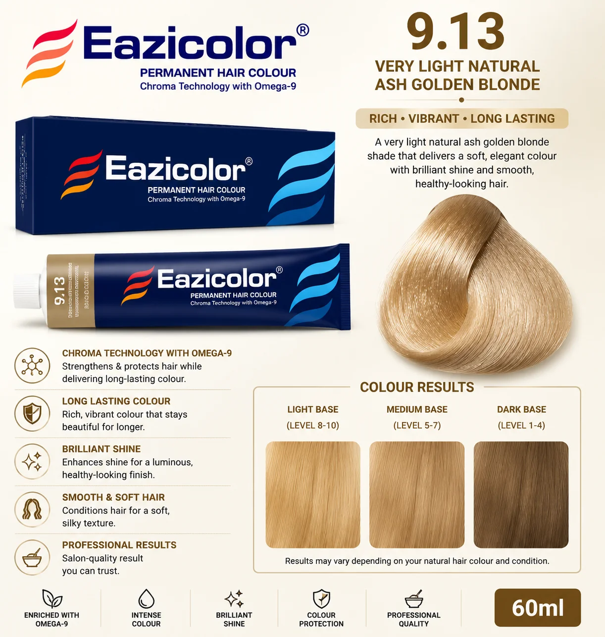Eazicolor 9.13 Very Light Natural Ash Golden Blonde Permanent Hair Colour | 60ml