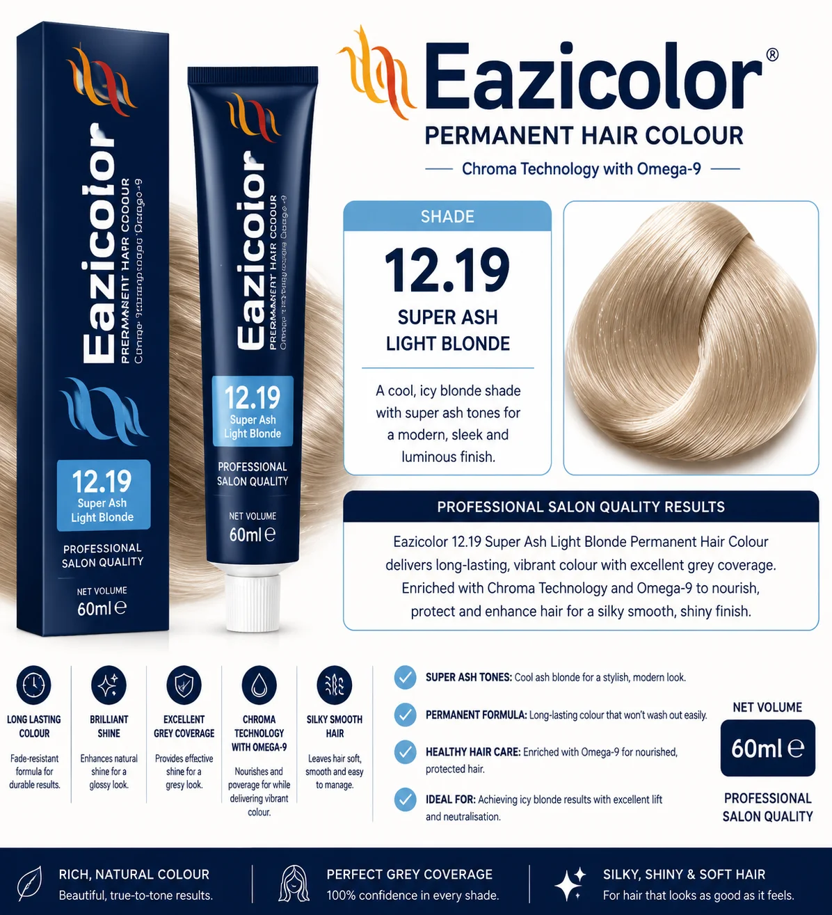 Eazicolor 12.19 Super Ash Light Blonde Permanent Hair Colour 60ml