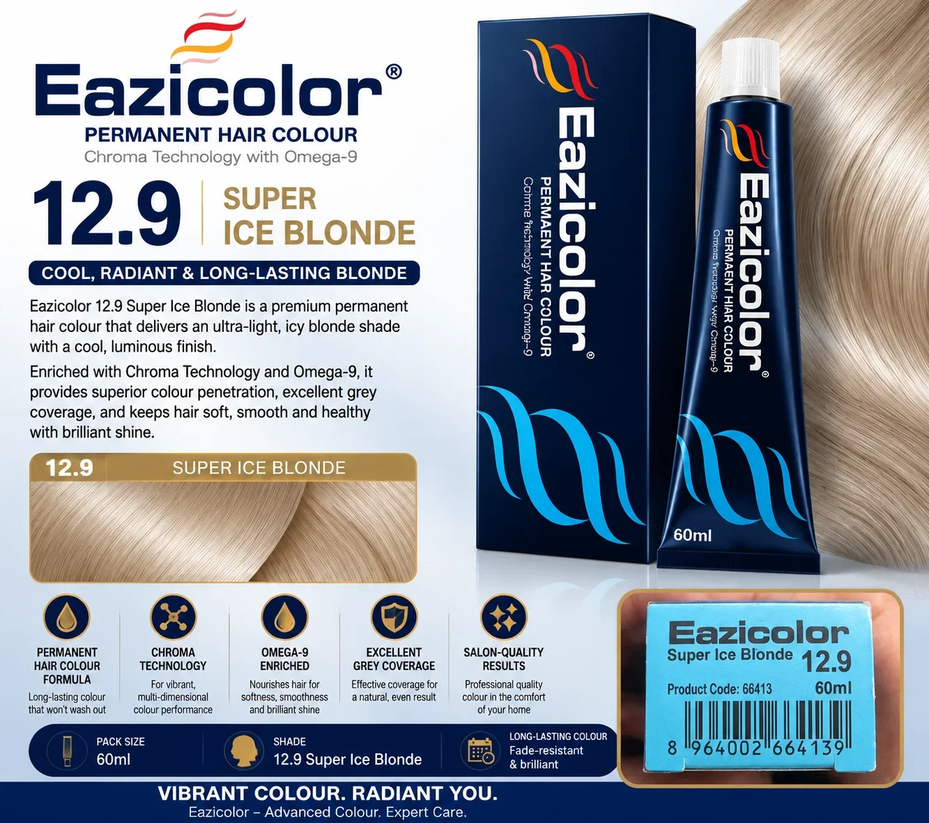 Eazicolor 12.9 Super Ice Blonde Permanent Hair Colour – Ultra-Light Cool Blonde | 60ml