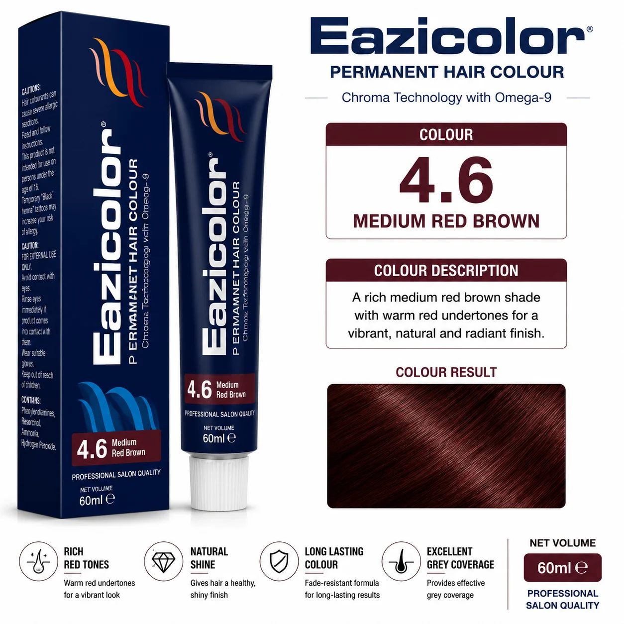 Eazicolor 4.6 Medium Red Brown Permanent Hair Colour – 60ml