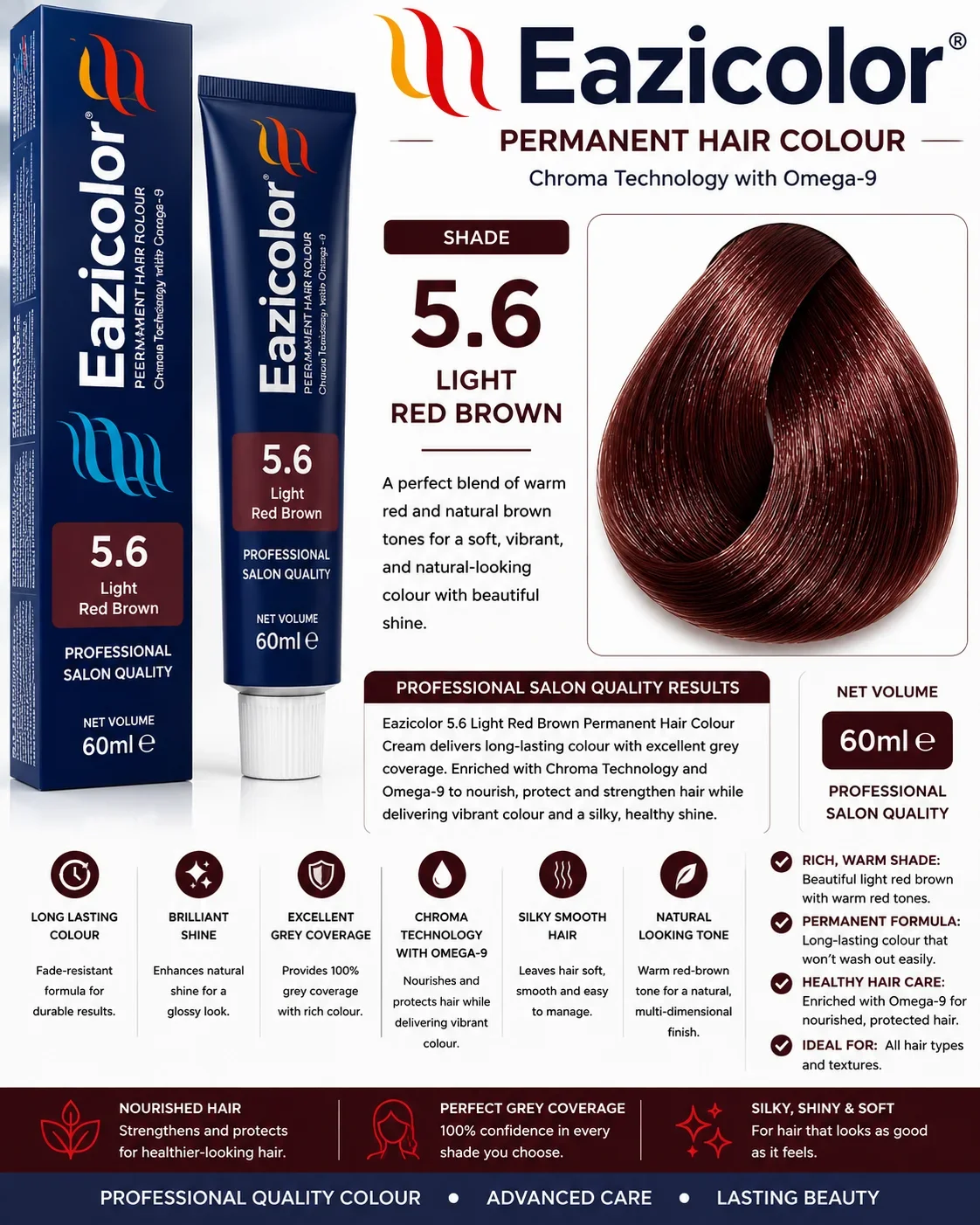 Eazicolor Permanent Hair Colour 5.6 Light Red Brown Hair Dye Cream 60ml