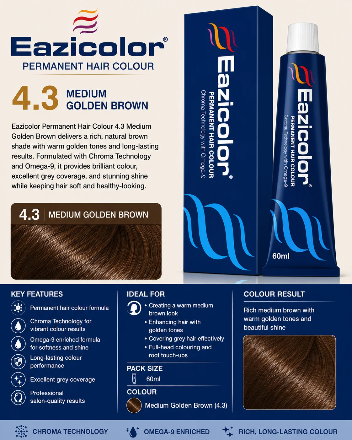 Eazicolor Permanent Hair Colour 4.3 Medium Golden Brown – 60ml