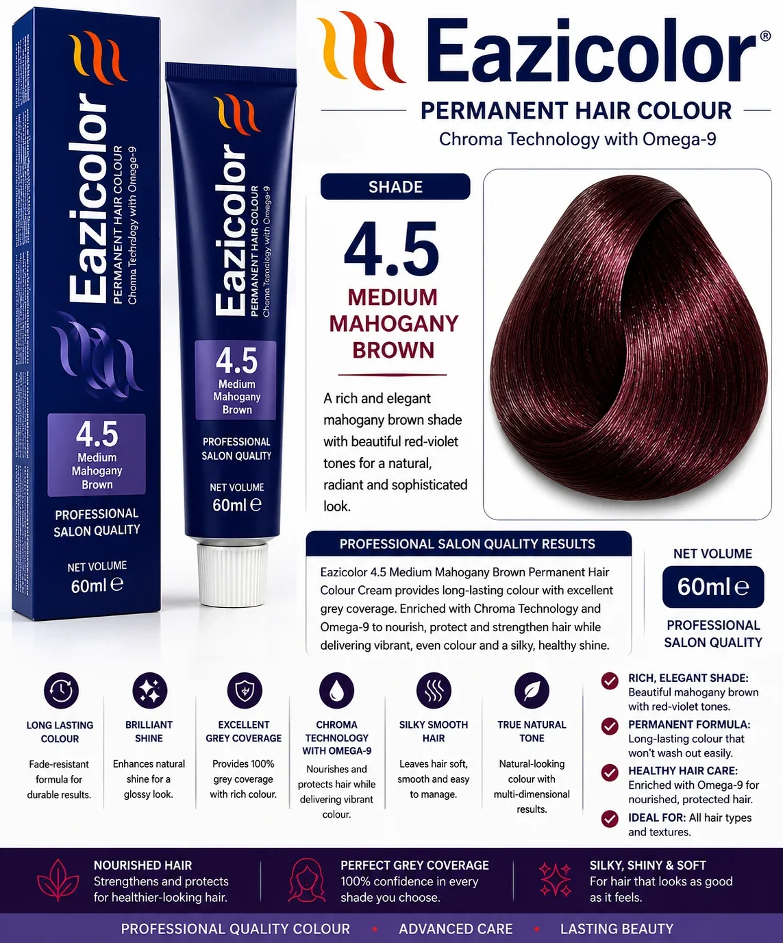 Eazicolor 4.5 Medium Mahogany Brown Permanent Hair Colour Cream 60ml