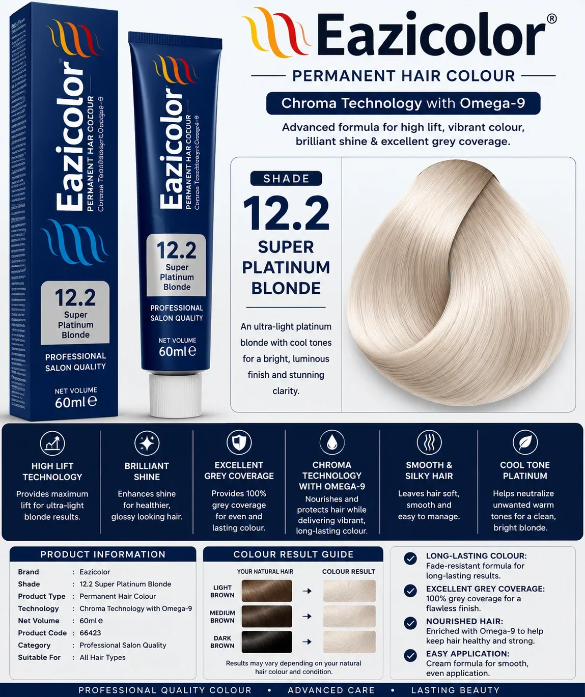 Eazicolor 12.2 Super Platinum Blonde Permanent Hair Colour 60ml