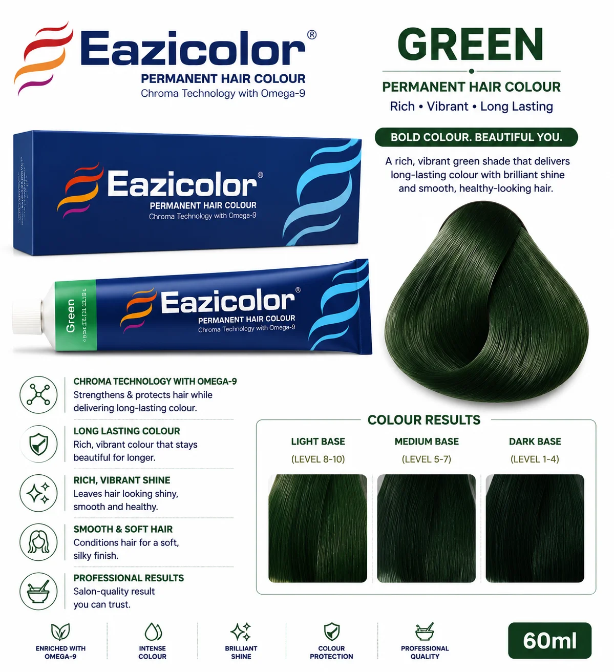 Eazicolor Green Permanent Hair Colour | Fashion Green Shade | 60ml