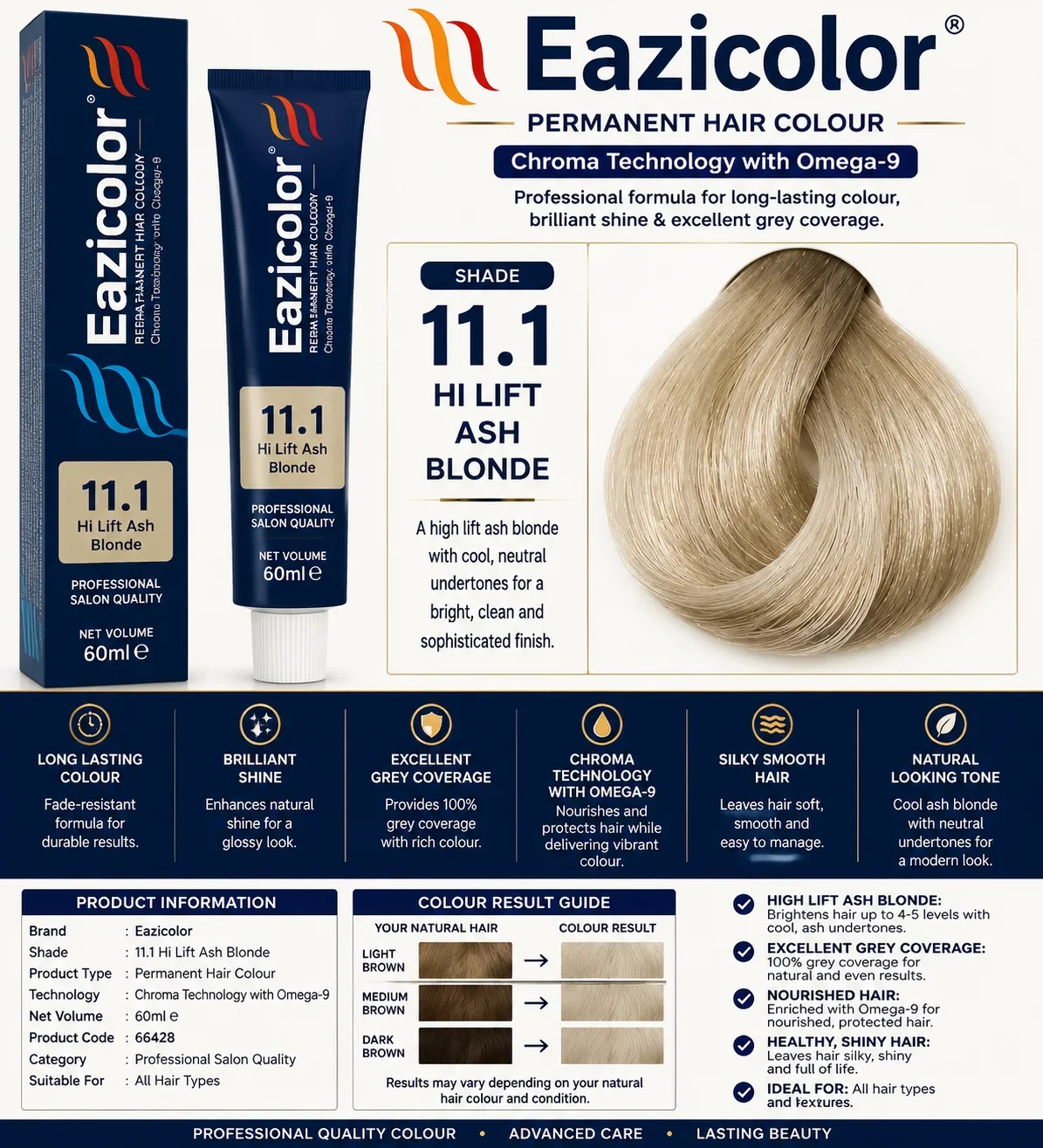 Eazicolor 11.1 Hi Lift Ash Blonde Permanent Hair Colour 60ml