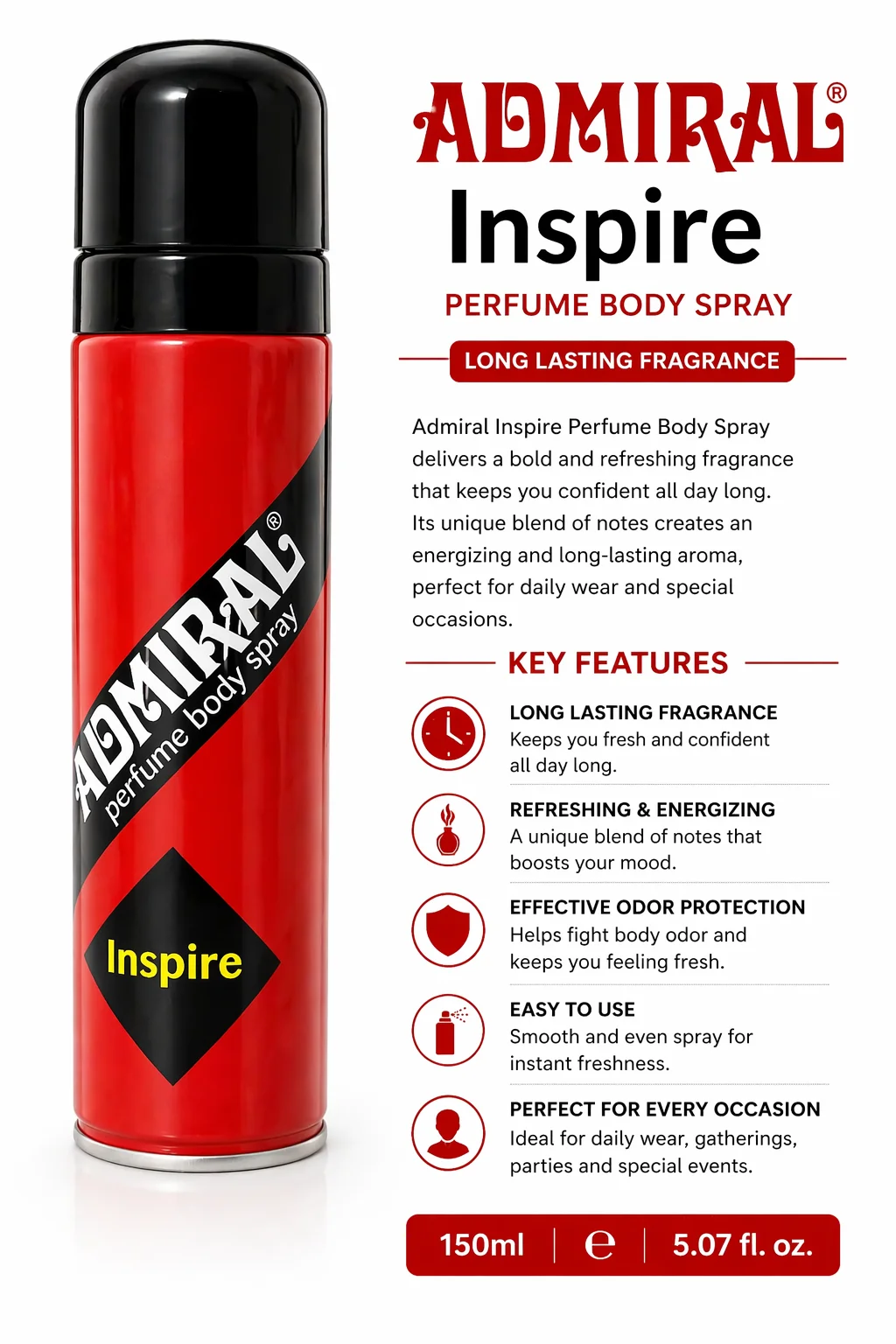 Admiral Inspire Perfume Body Spray for Men – Long Lasting Fresh Fragrance (150ml)