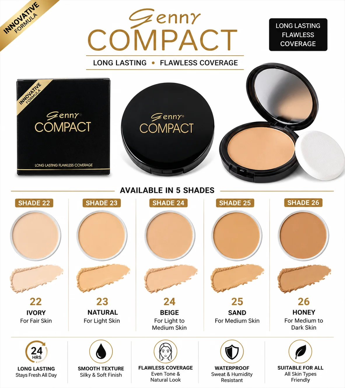 Genny Compact Powder – Long Lasting Flawless Coverage