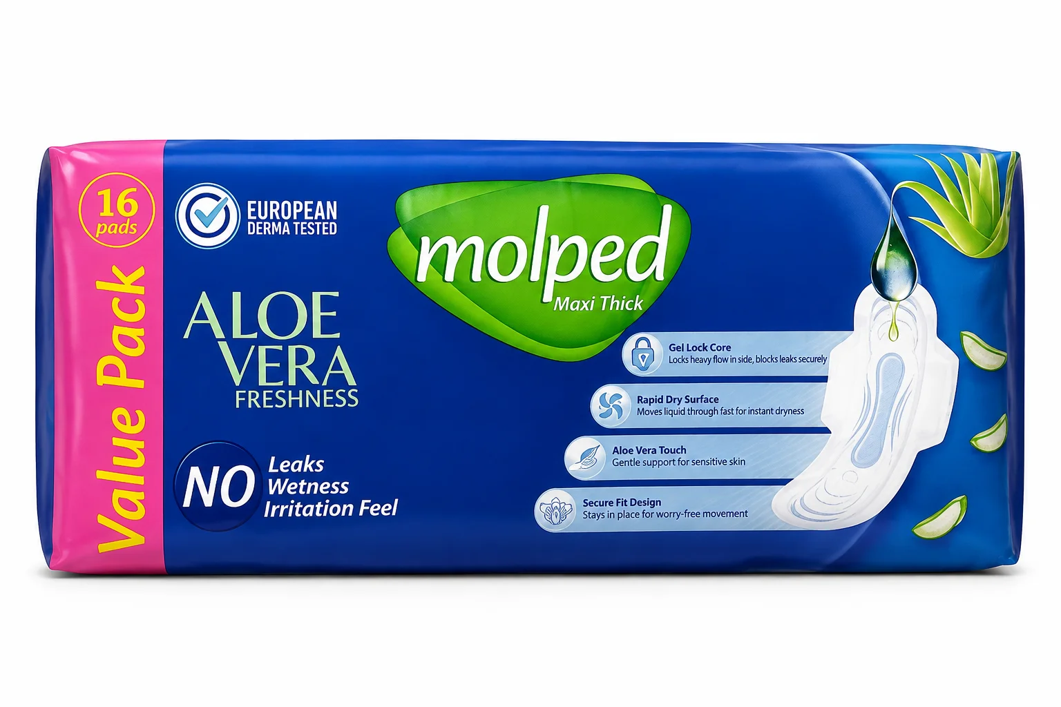 Molped Maxi Thick Aloe Vera Sanitary Pads – 16 Pads Value Pack