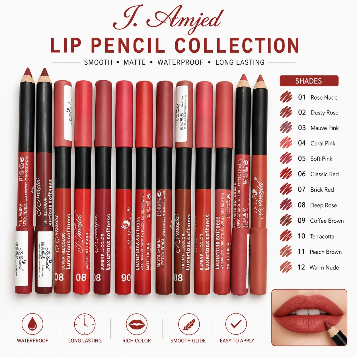 J. Amjed Professional Lip Pencil Set – 12 Matte Shades