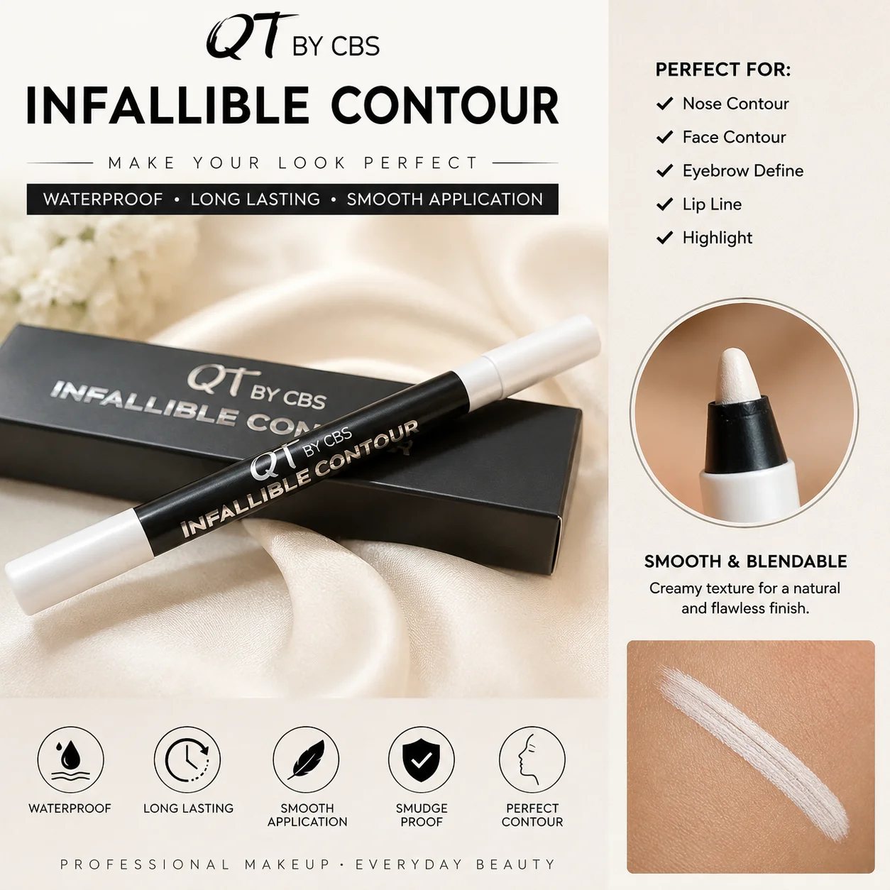 QT by CBS Infallible Contour Stick – Waterproof Face & Nose Contour Pencil