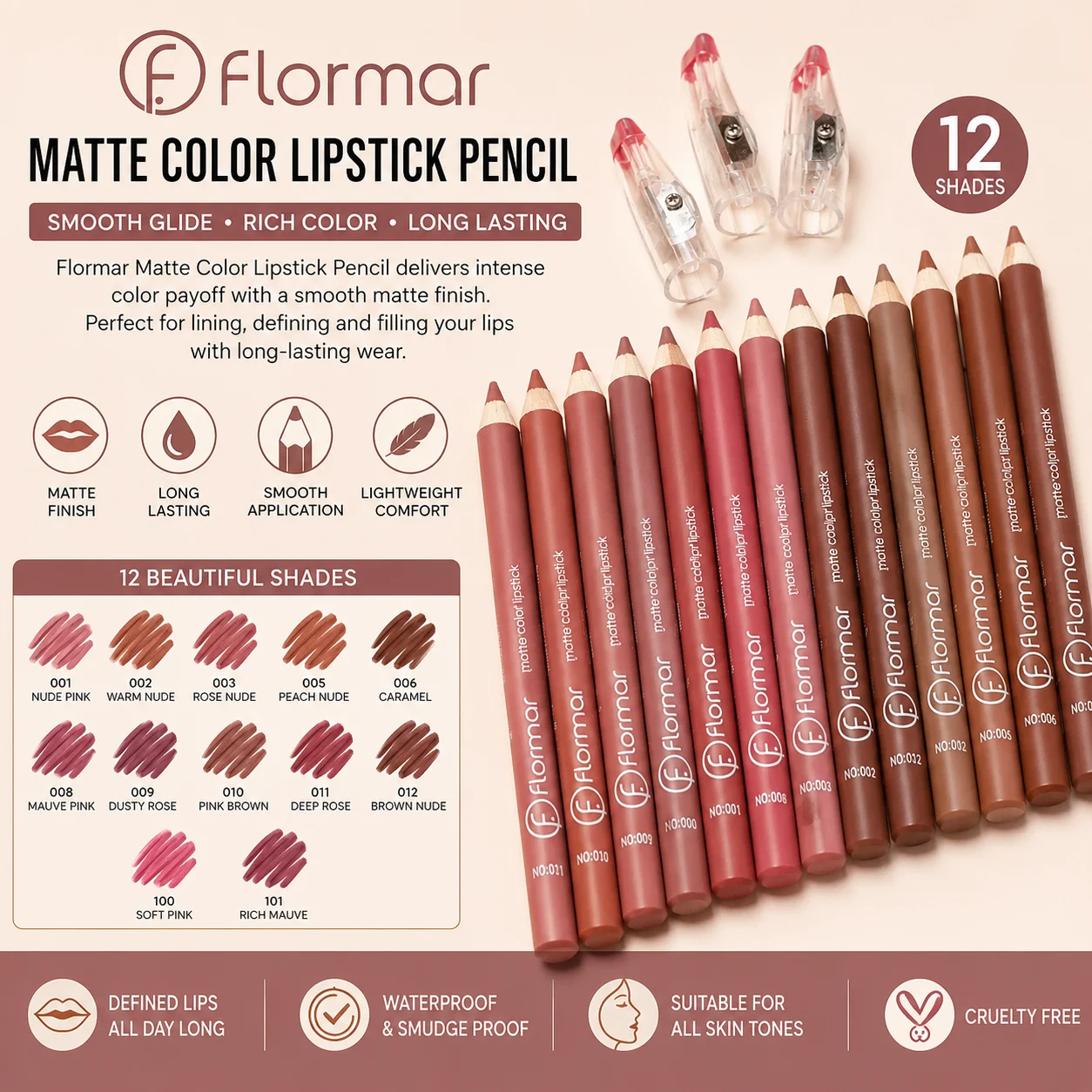 Flormar Matte Color Lipstick Pencil Set – 12 Nude & Pink Shades