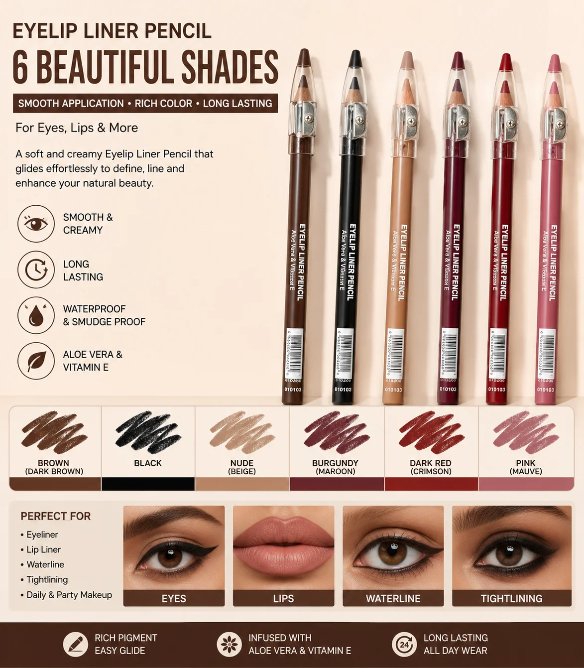 Flormar Eye/Lip Liner Pencil – 6 Essential Shades | Waterproof, Smudge-Proof & Long-Lasting