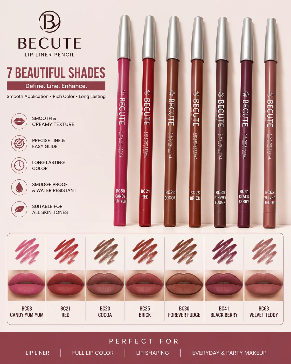 BECUTE Lip Liner Pencil Collection – 7 Trendy Matte Shades