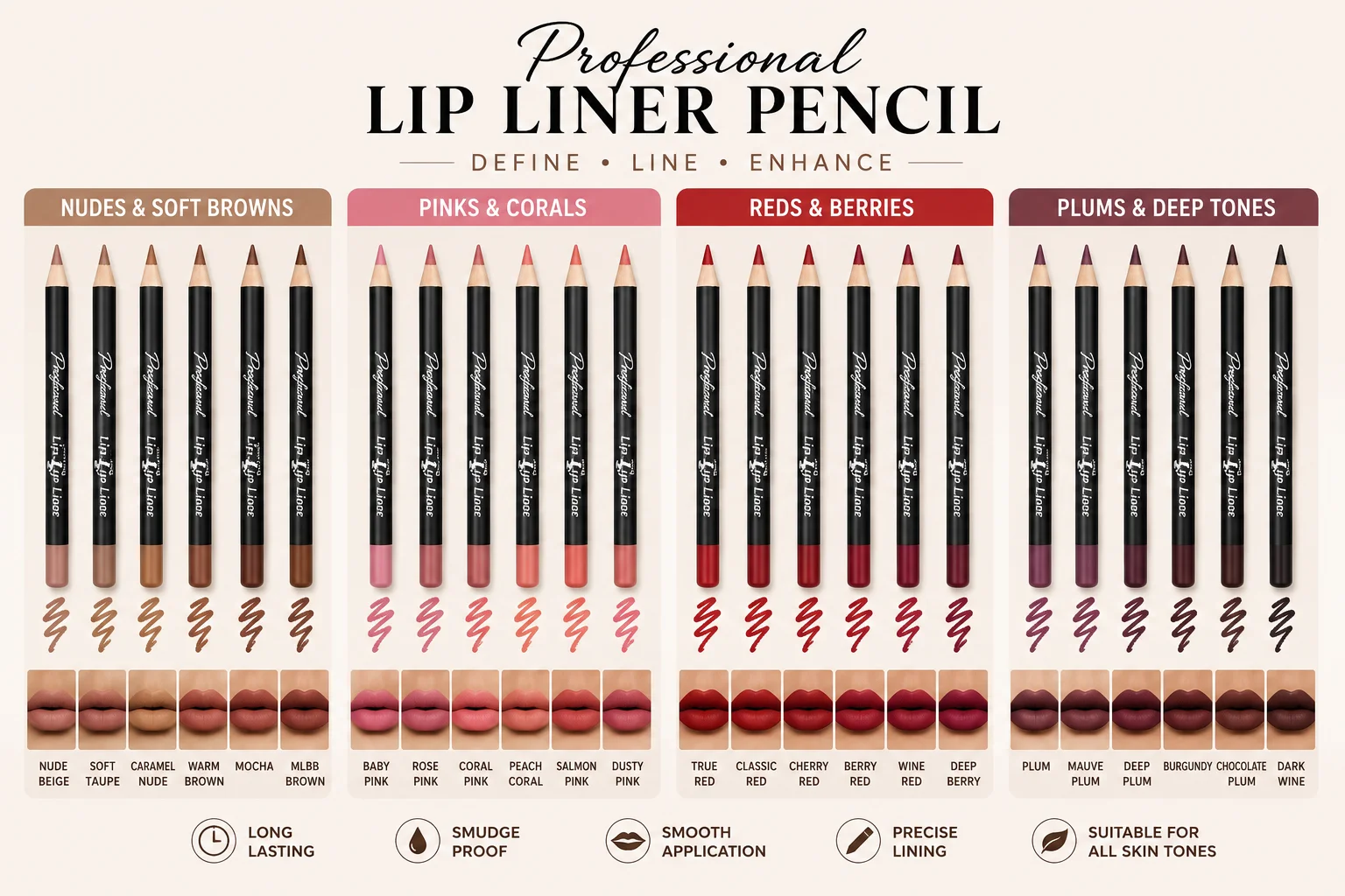 Professional Lip Liner Pencil Collection – Nudes, Pinks, Reds & Plum Shades
