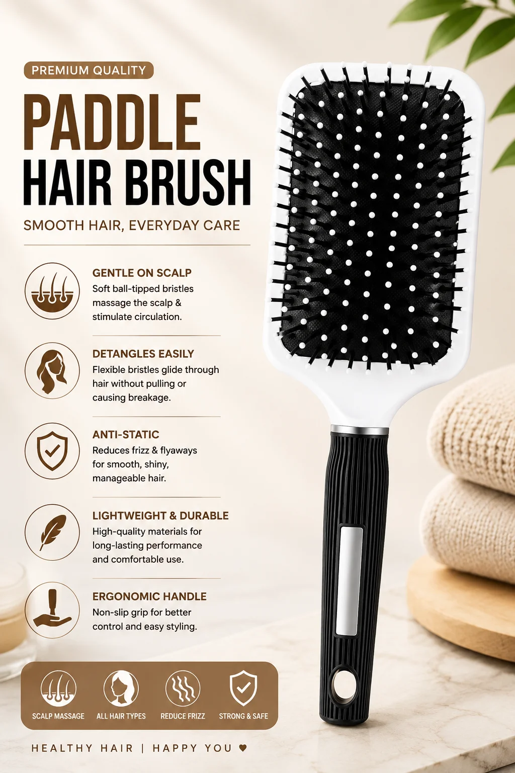 Premium Paddle Hair Brush – Anti-Static Detangling & Scalp Massage Brush