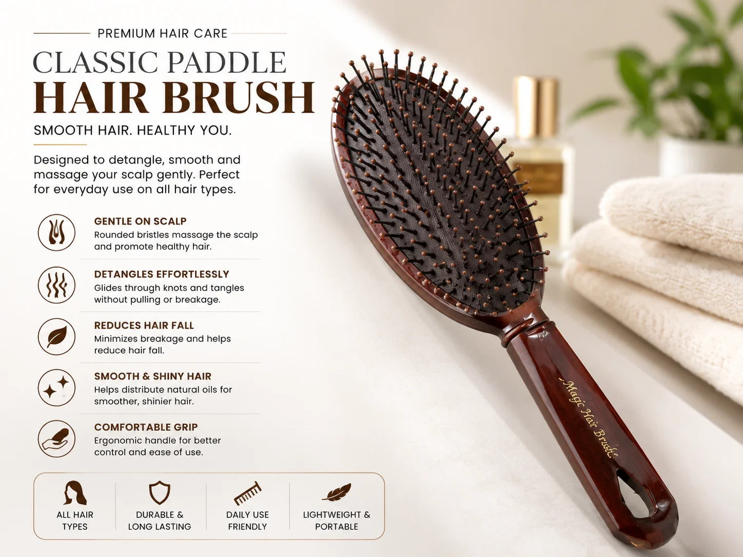 Classic Paddle Hair Brush – Premium Detangling & Scalp Massage Brush