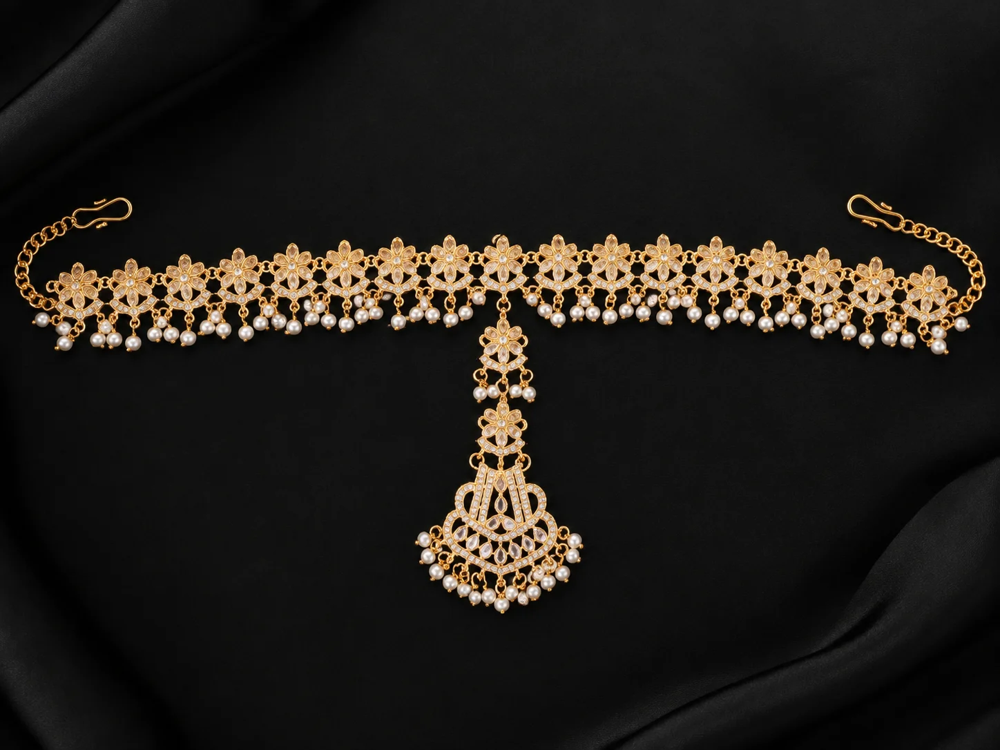 Royal Floral Kundan Matha Patti with Pearl Drops