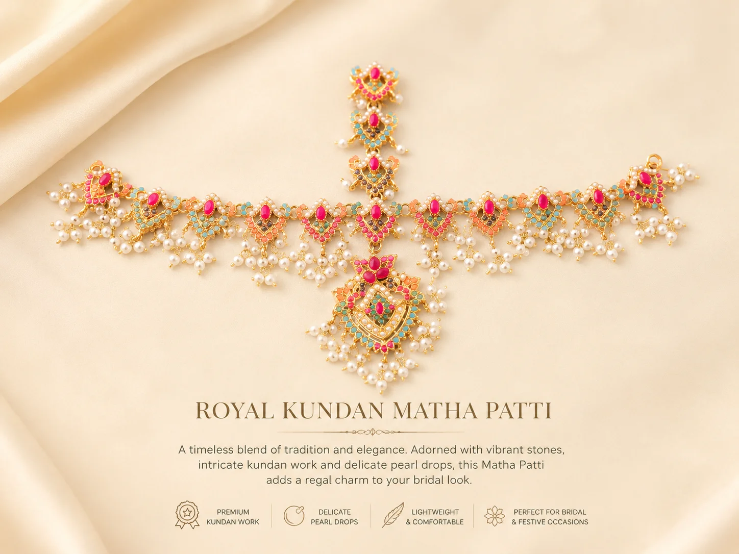 Colorful Kundan Matha Patti with Pearl Accents – Traditional Bridal Headpiece