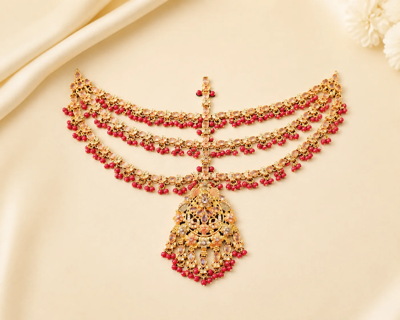 Royal Gold Matha Patti with Red Bead Drops