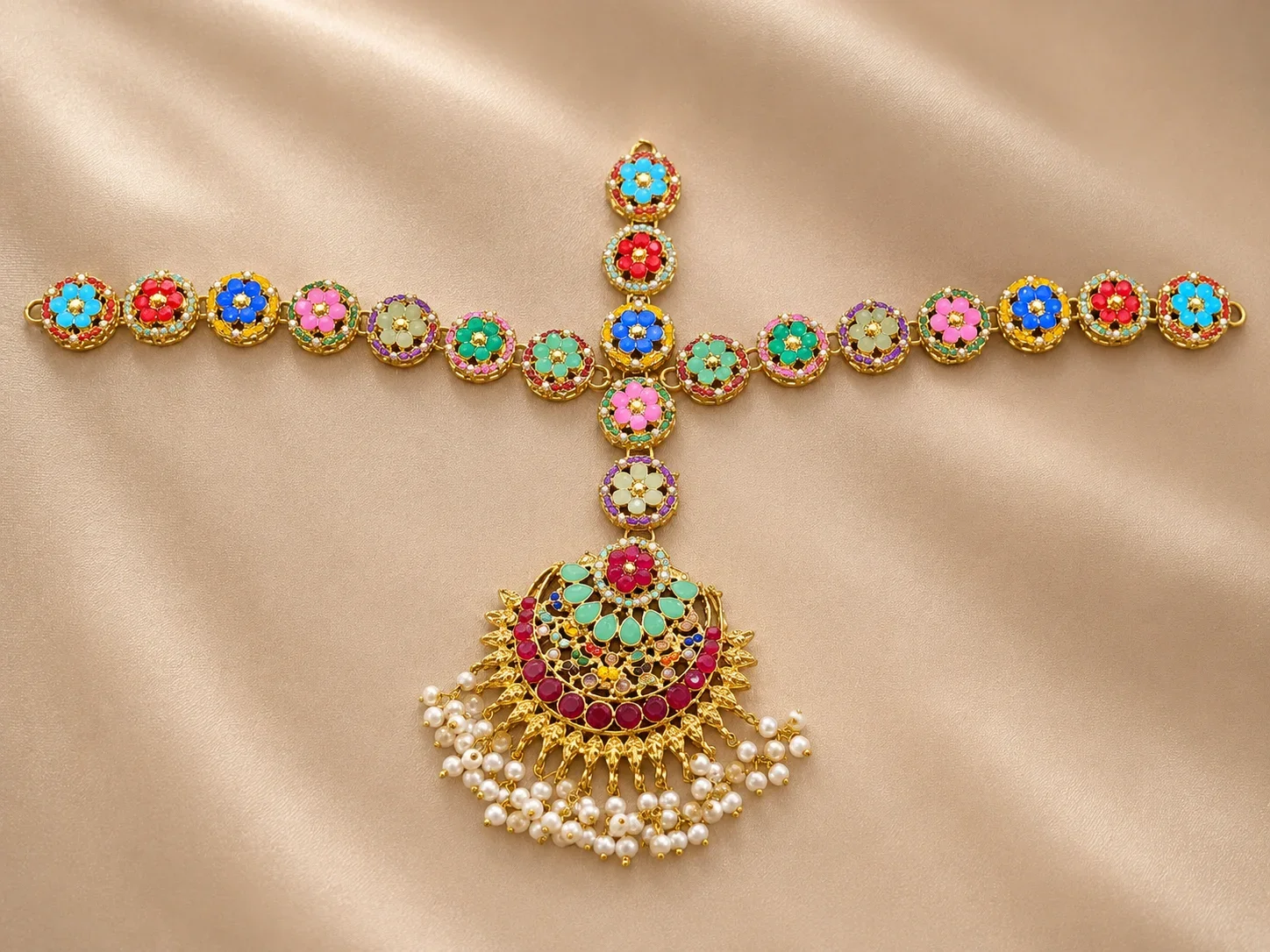 Floral Multicolor Kundan Matha Patti with Pearl Tassels