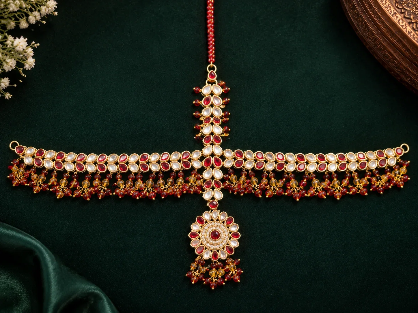 Golden Kundan Style Matha Patti / Maang Tikka with Crystal Drops