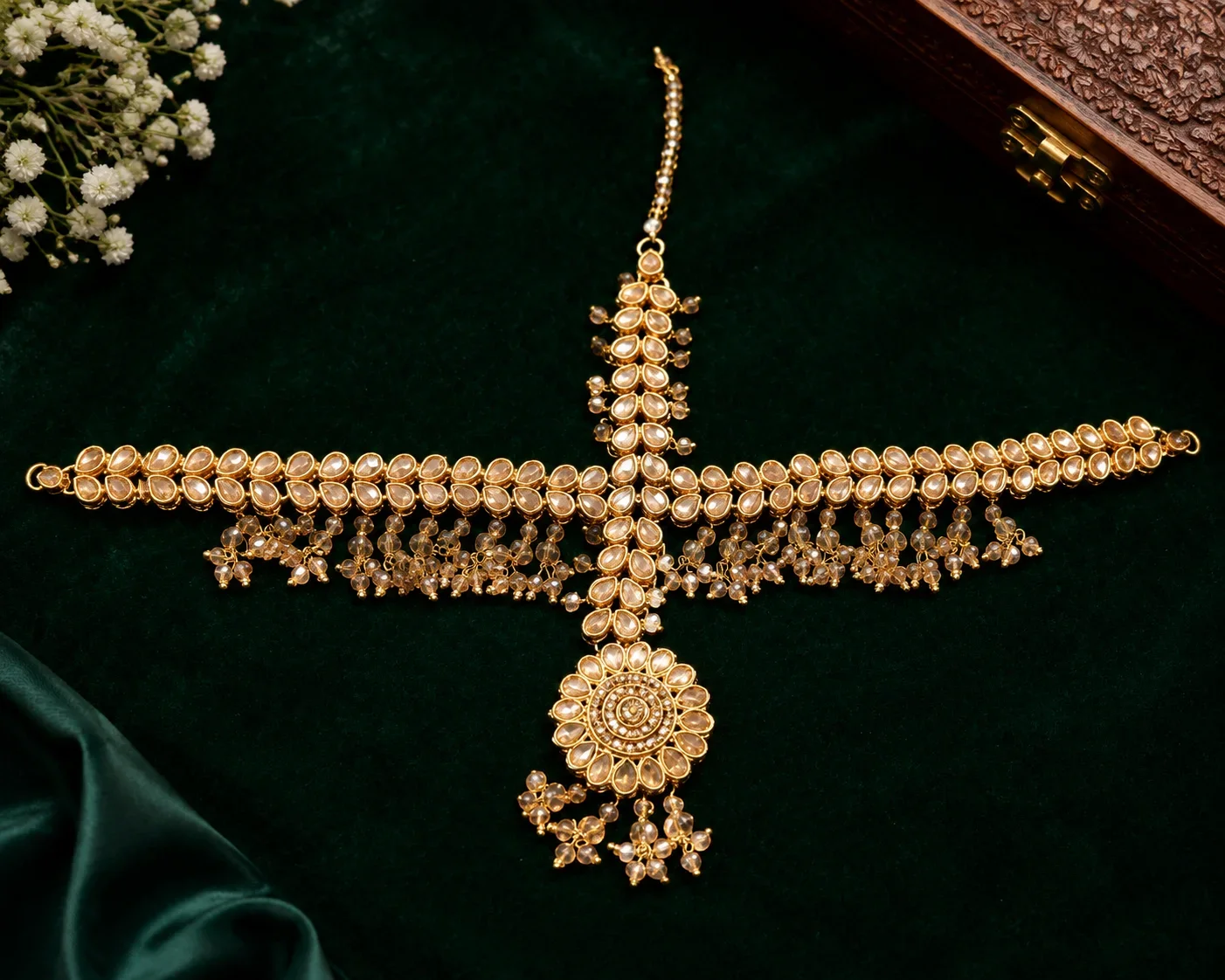 Golden Kundan Style Matha Patti / Maang Tikka with Crystal Drops