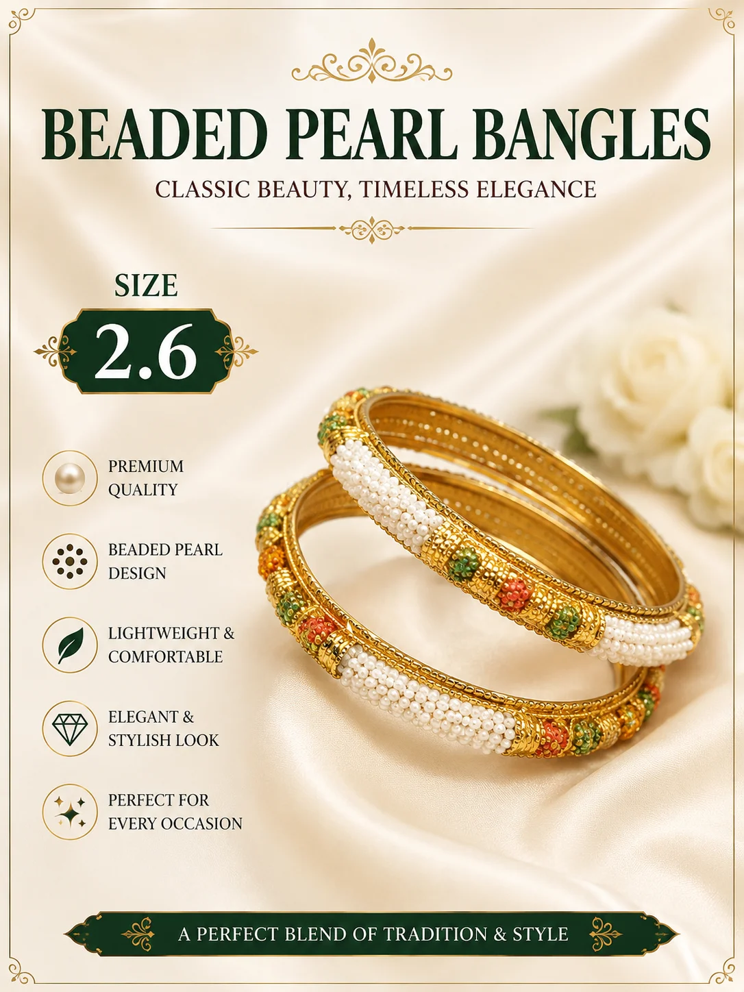 Elegant Beaded Pearl Bangles – Size 2.6