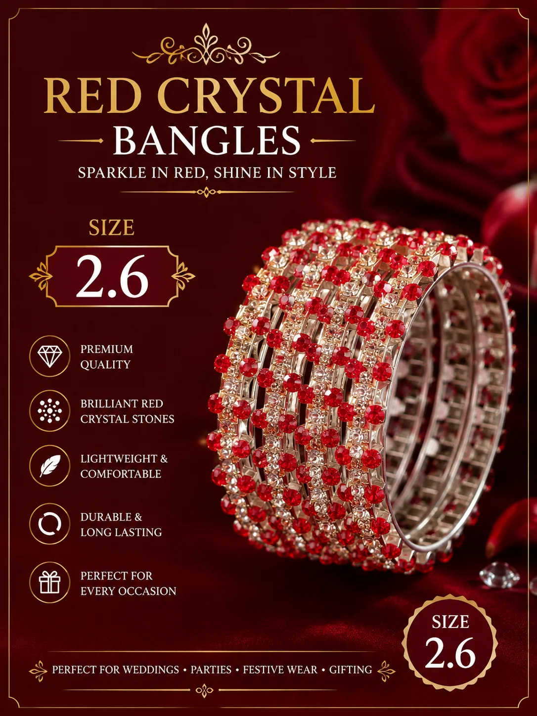 Luxury Red Crystal Bangles – Size 2.6
