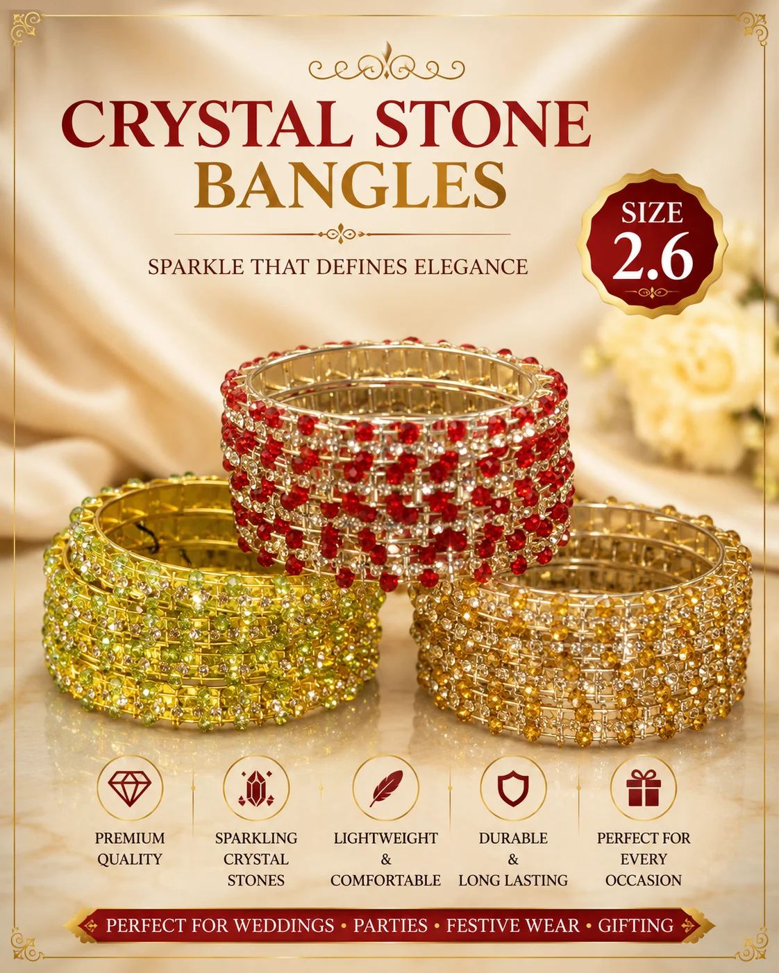 Luxury Red Crystal Bangles – Size 2.6