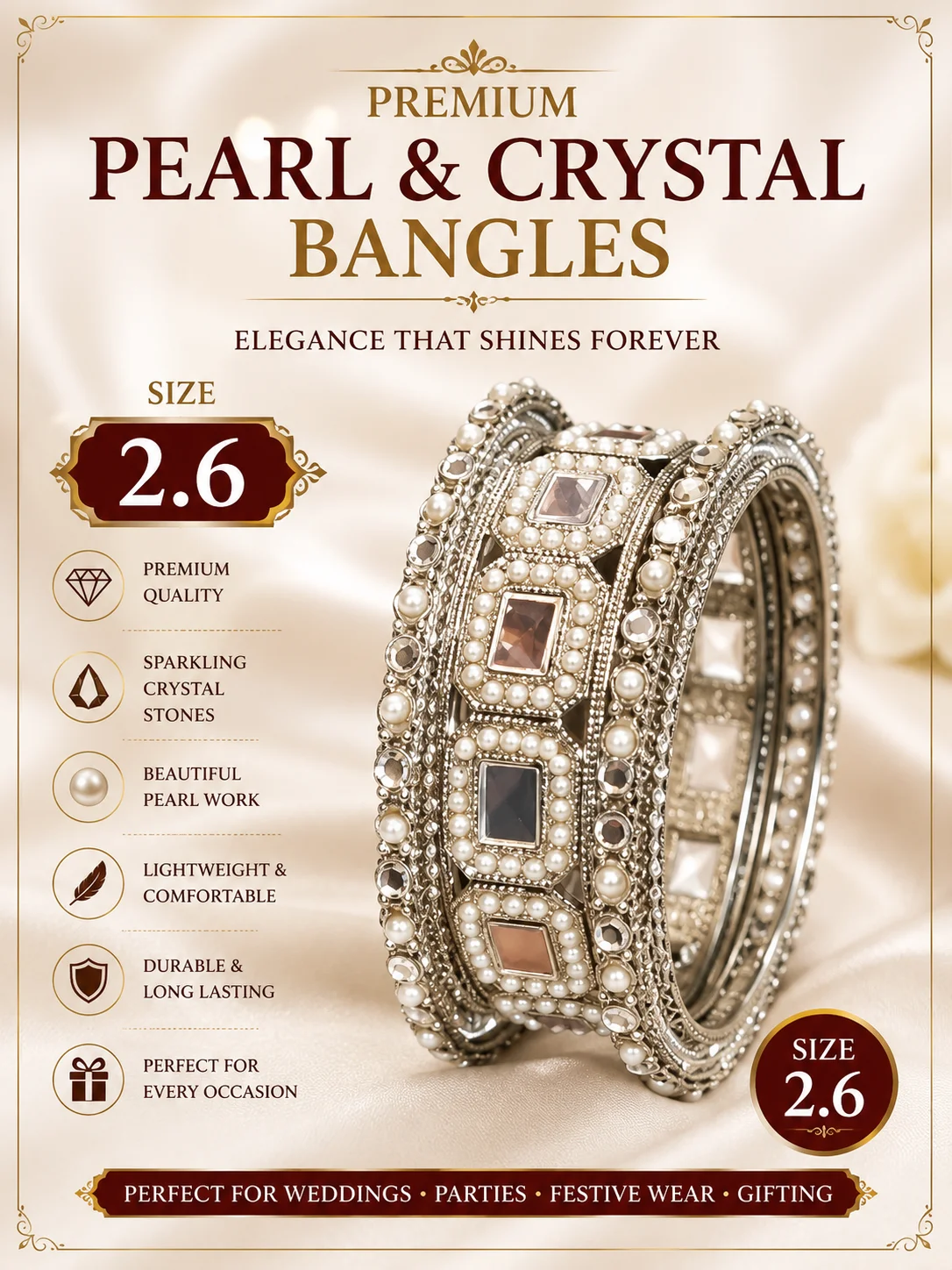 Premium Pearl & Crystal Bangles – Size 2.6