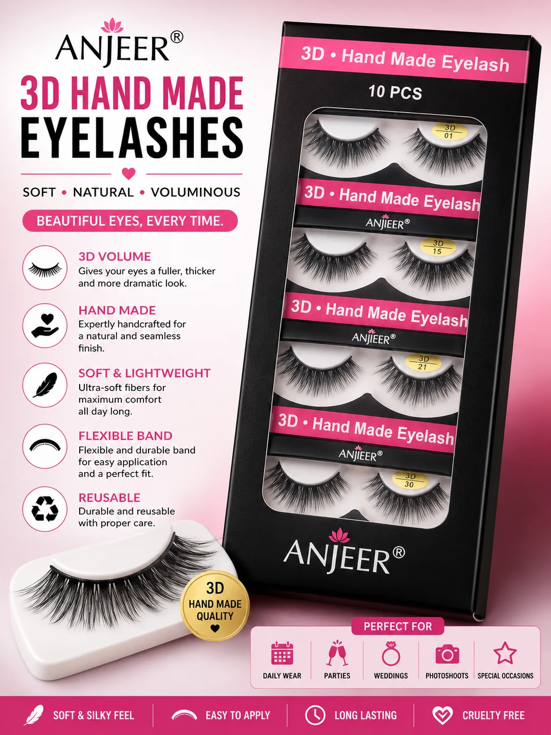 ANJEER 3D Hand Made Eyelashes – Voluminous Soft Reusable Lashes