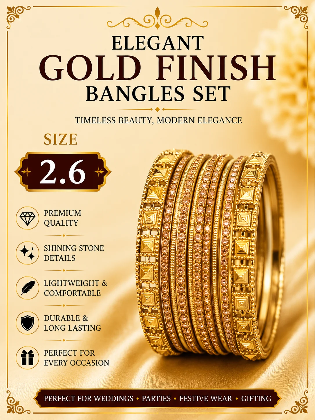 Elegant Gold Finish Stone Bangles Set – Size 2.6