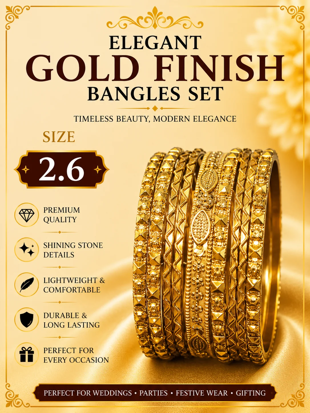 Premium Gold Plated Designer Bangles Set for Women – Size 2.6