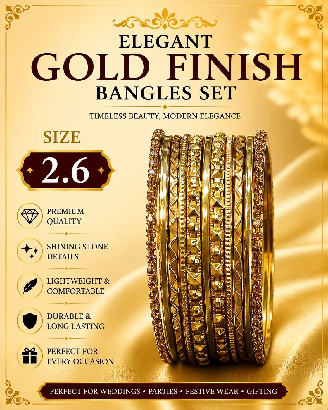 Elegant Gold Finish Stone Bangles Set for Women – Traditional Bridal & Party Wear | Size 2.6