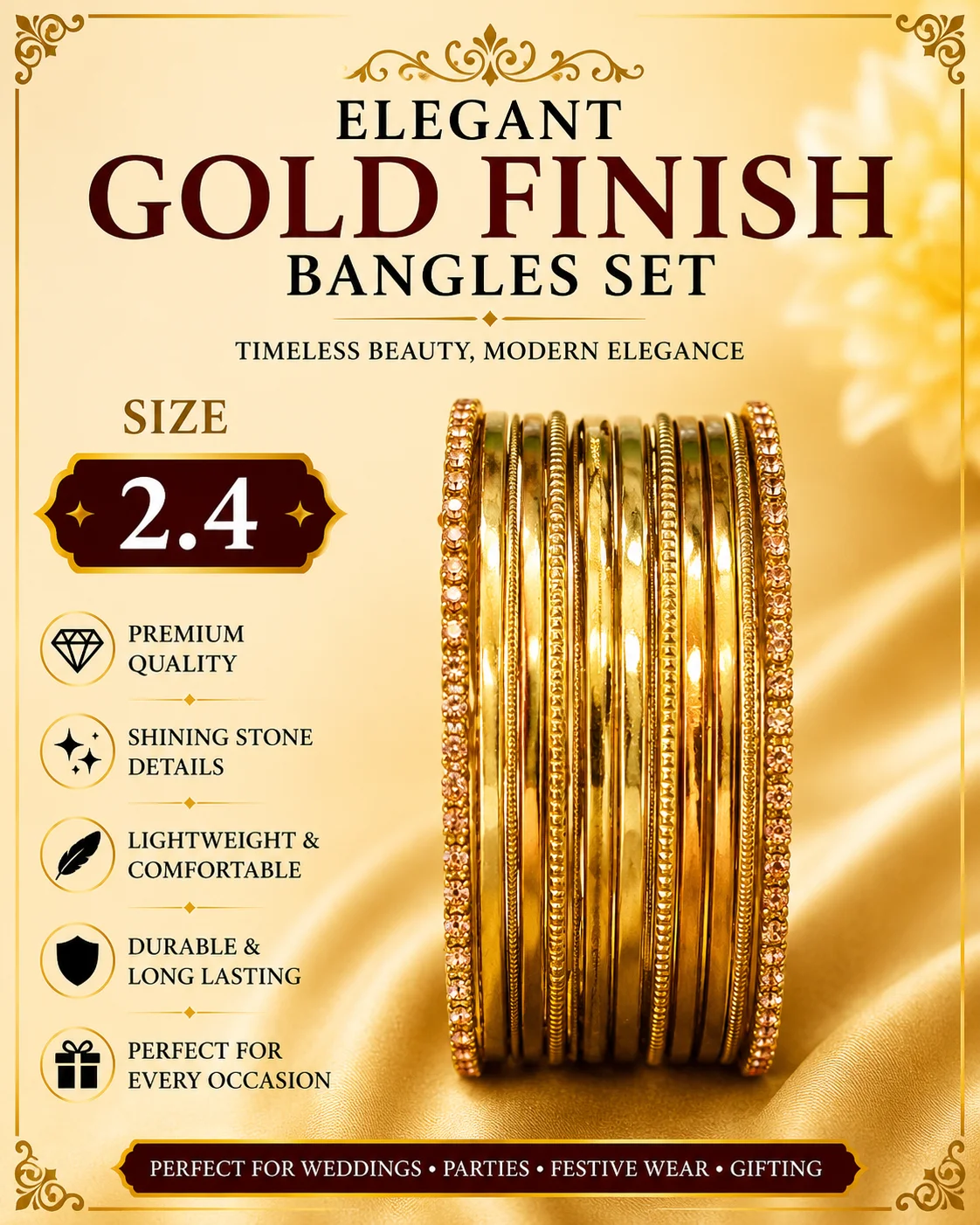 Elegant Gold Finish Stone Bangles Set for Women Size 2.4