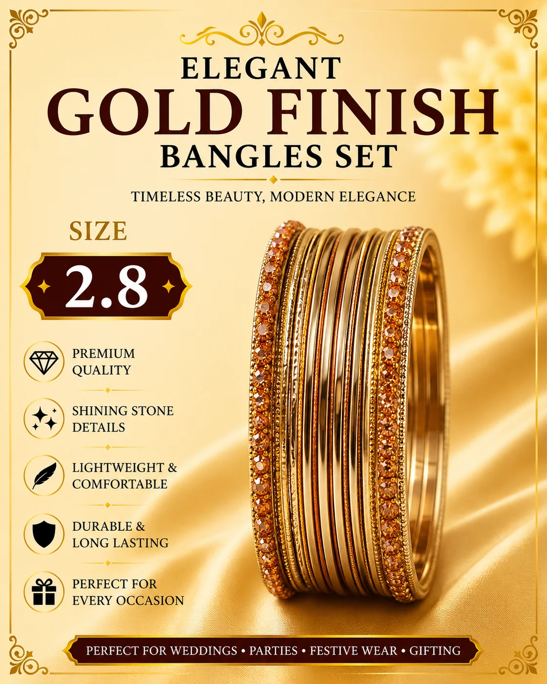 Elegant Gold Finish Stone Bangles Set for Women Size 2.8