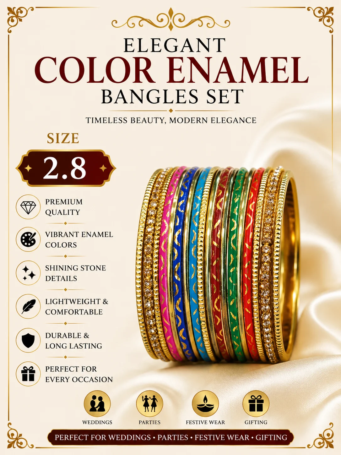 Elegant Multicolor Enamel Bangles Set for Women Size 2.8