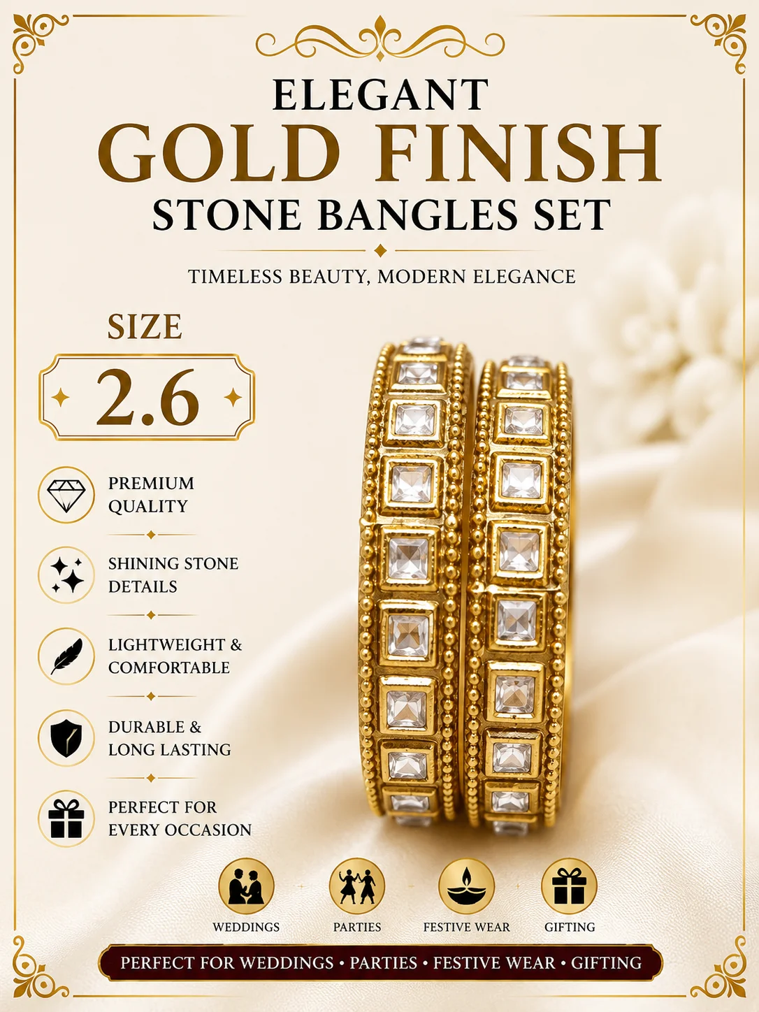 Elegant Gold Finish Designer Bangles Set for Women Size 2.6