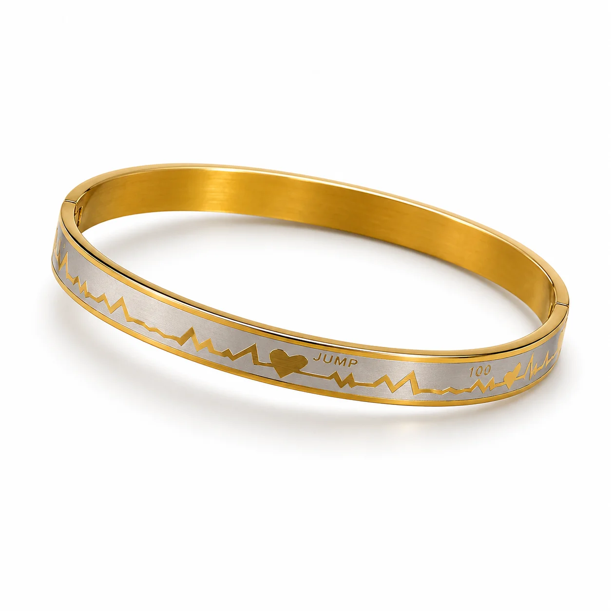 Heartbeat Gold Stainless Steel Bracelet for Men & Women – Premium Couple Cuff Bangle