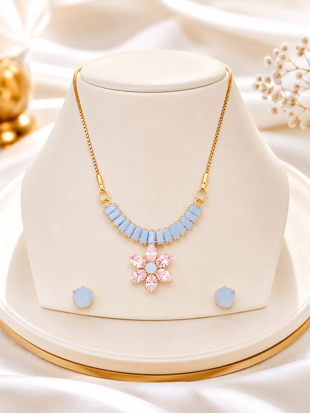 Pink & Sky Blue Flower Pendant Necklace Set for Women