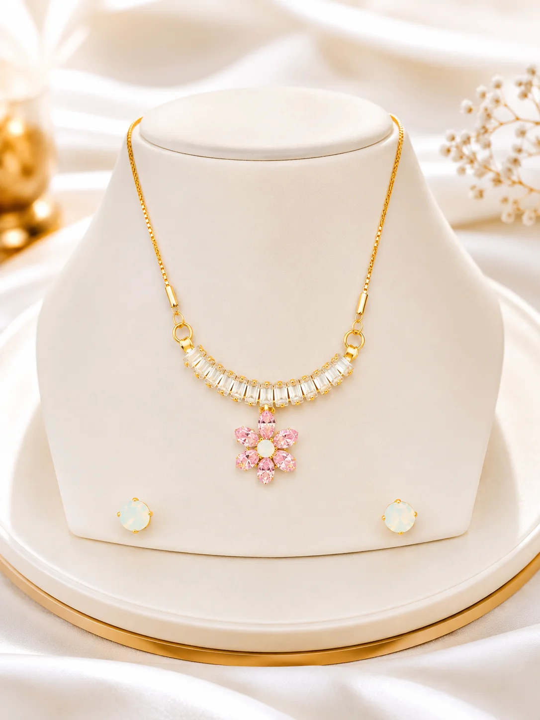Pink & Sky Blue Flower Pendant Necklace Set for Women