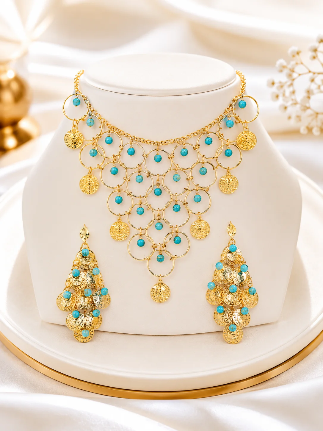 Luxury Gold-Plated Turquoise Coin Necklace Set for Women