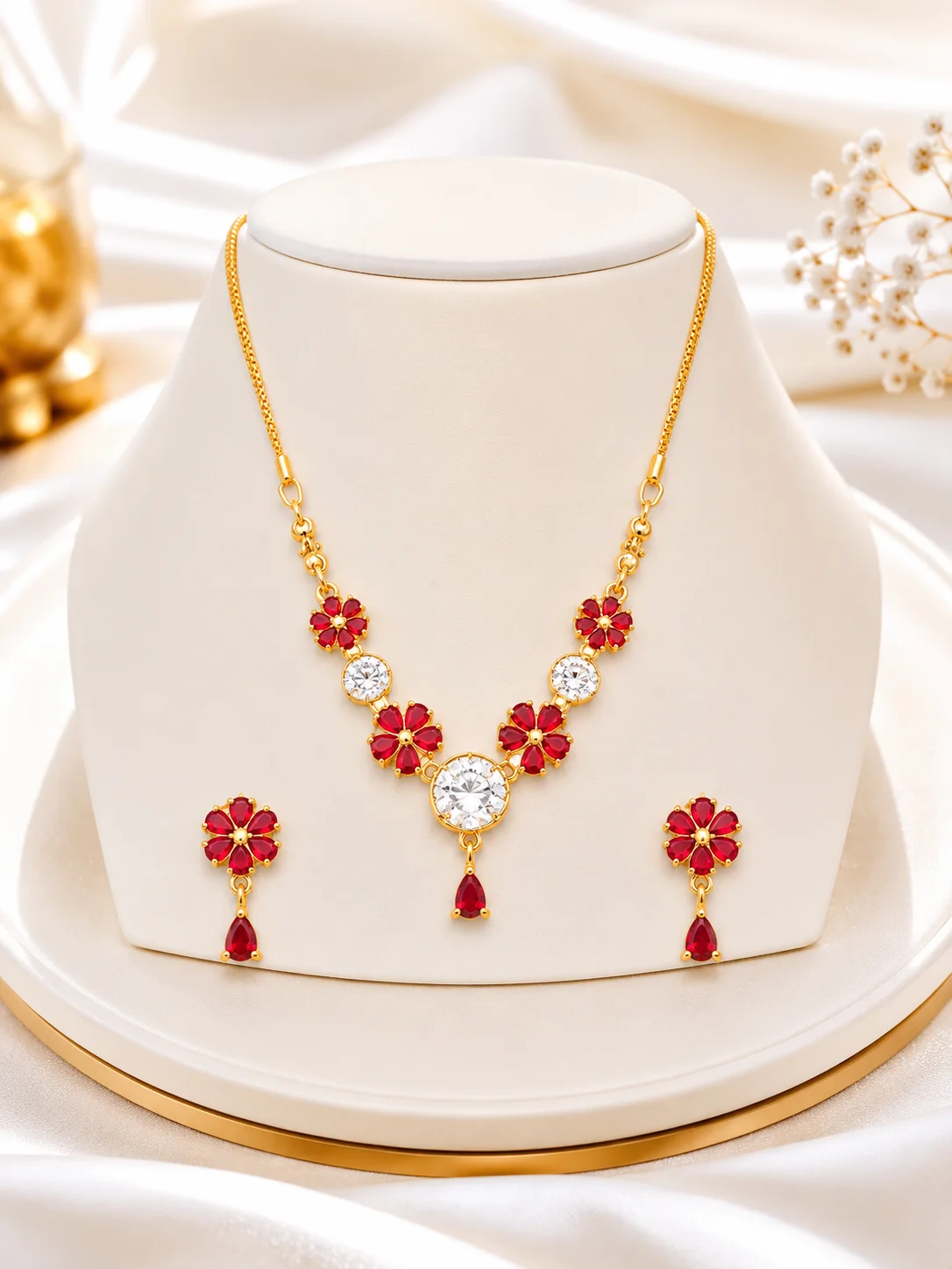 Elegant Ruby Red & BLACK Floral Crystal Necklace Set for Women