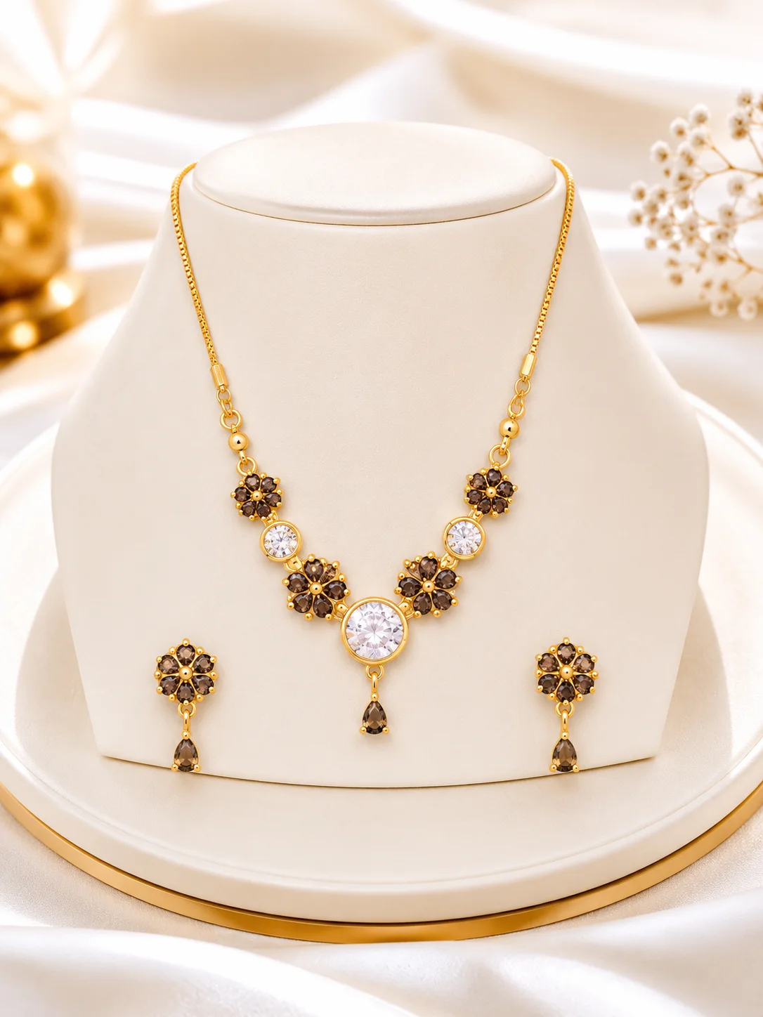 Elegant Ruby Red & BLACK Floral Crystal Necklace Set for Women