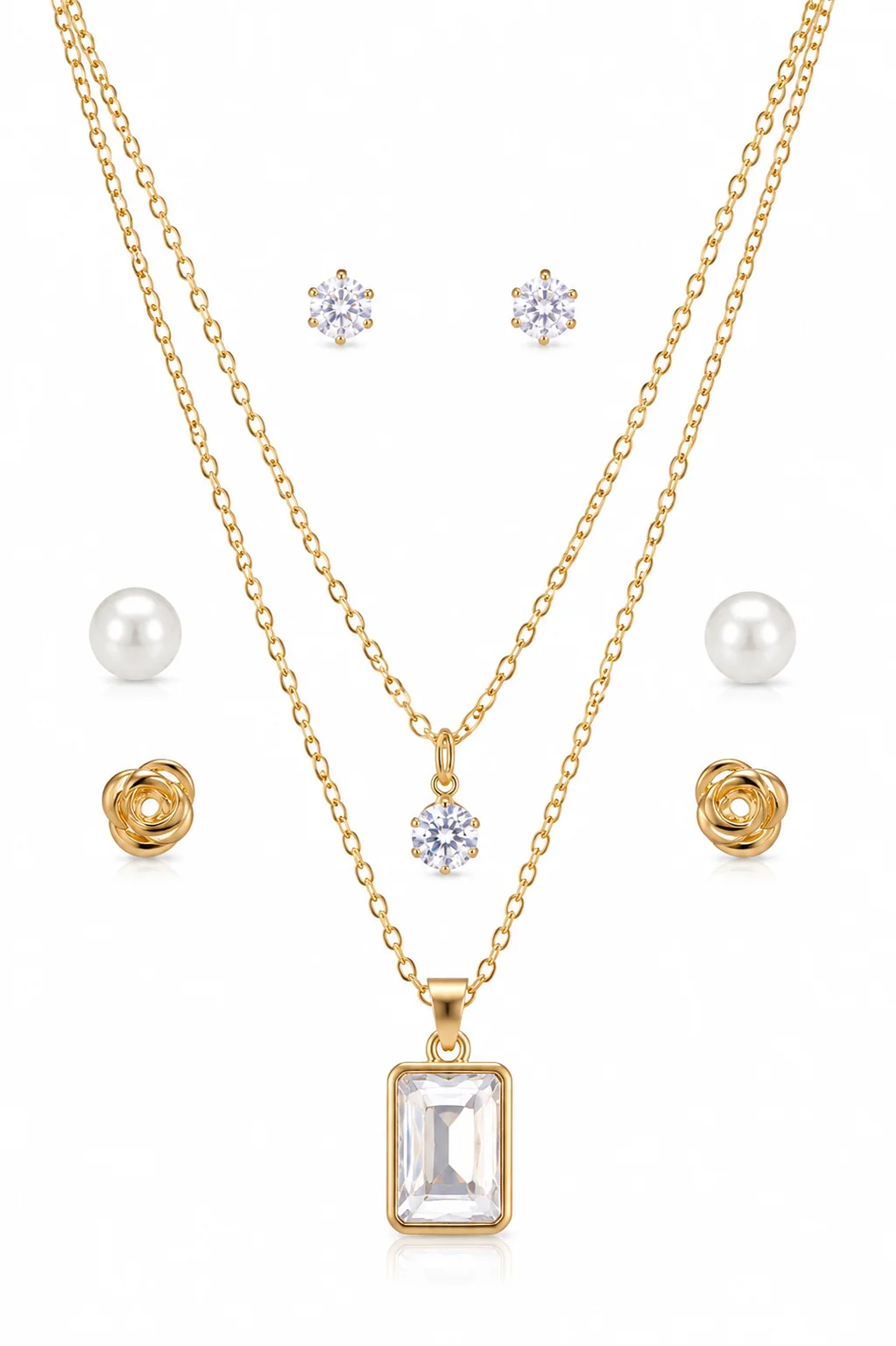 Gold Layered Crystal Pendant Necklace Set for Women